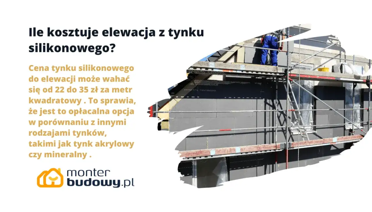 Elewacja z tynku silikonowego: cena za m2 robocizny od 22 do 35 zł. Pracownik na rusztowaniu.