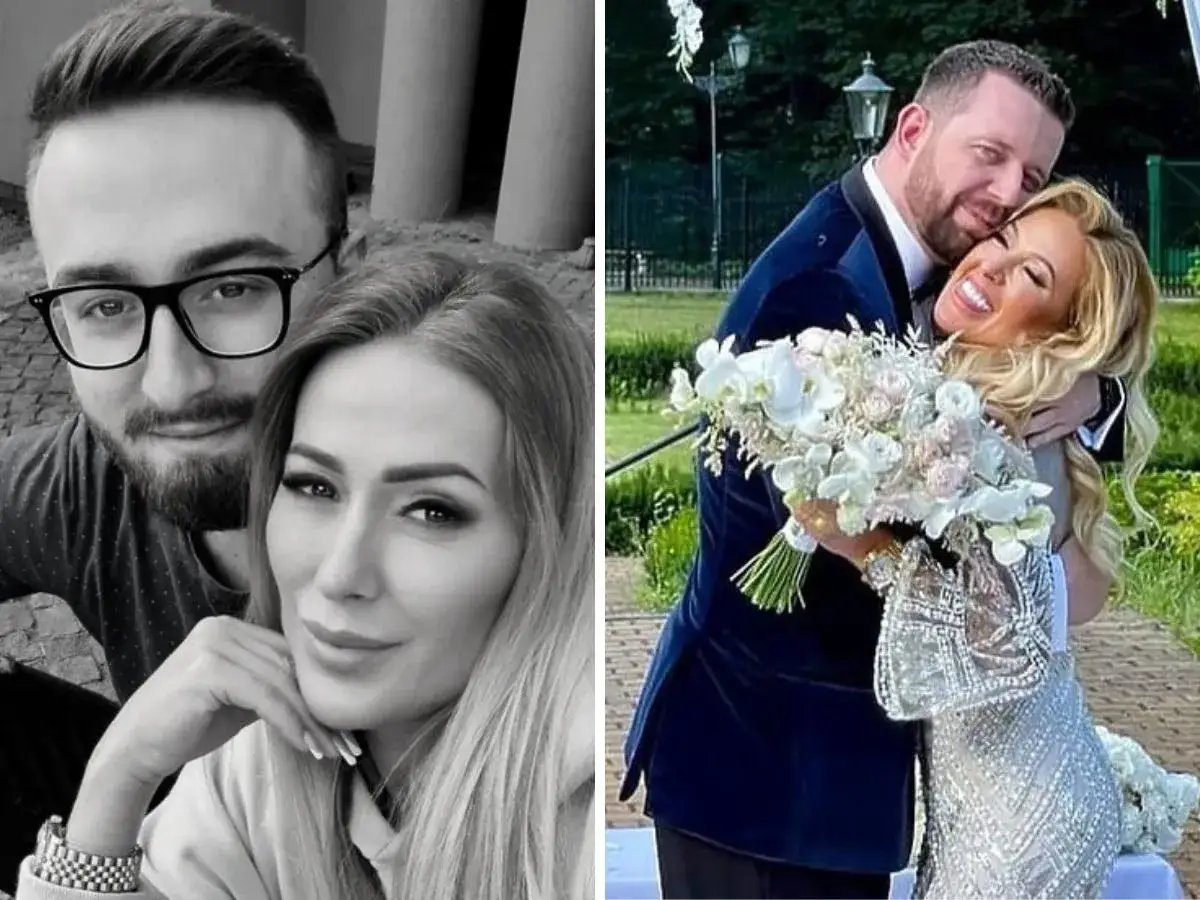 Sylwia Peretti z mężem w dniu ślubu, uśmiechnięci i objęci. Na drugim zdjęciu para w czerni i bieli.
