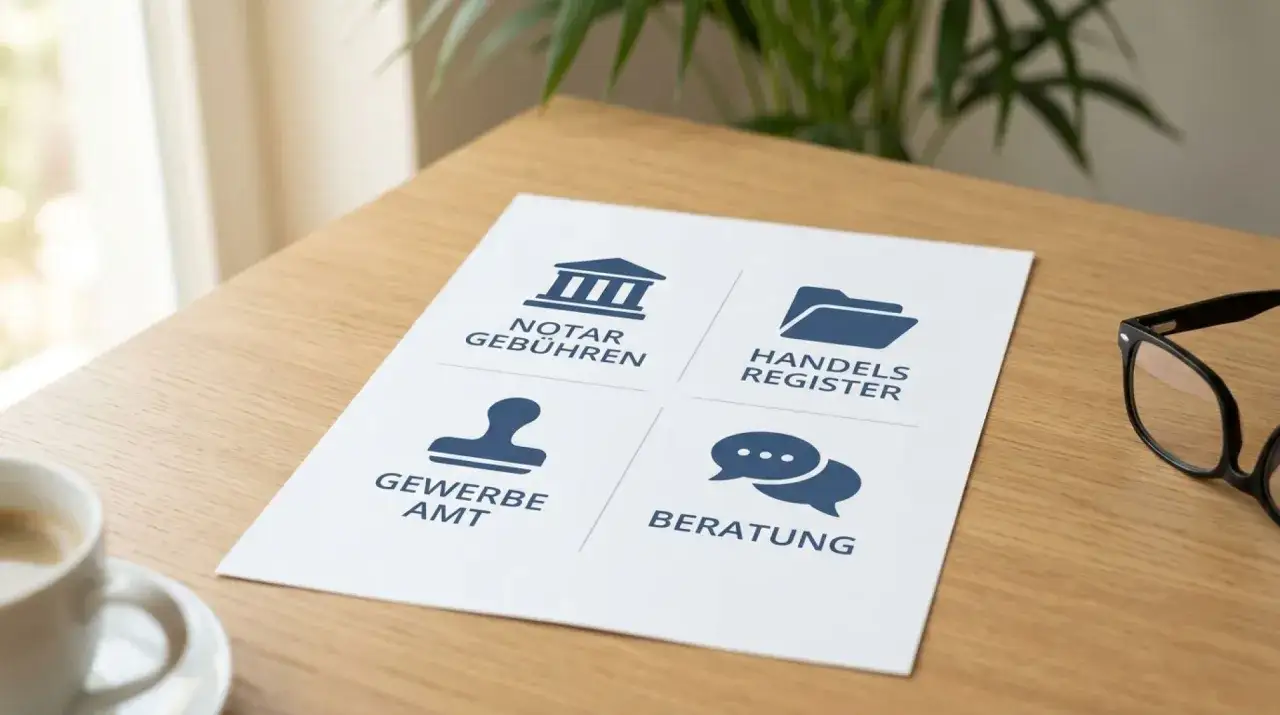 Übersicht über GmbH Kosten: Notar, Handelsregister, Gewerbeamt und Beratung.