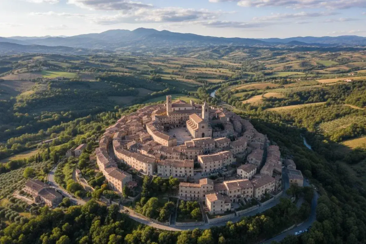 Borgo medievale a forma di anello, incastonato tra colline verdi. Un gioiello del fermo provincia, con la sua piazza centrale e la chiesa imponente.