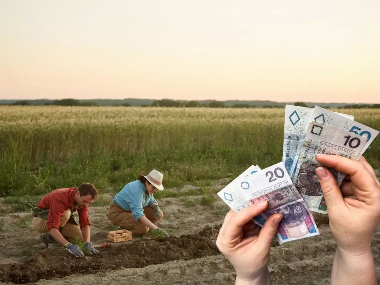 Rolnicy sadzą rośliny, a w tle widać pole. W dłoniach trzymane są polskie banknoty, symbolizujące koszty, np. ile wynosi składka KRUS na kwartał 2026.