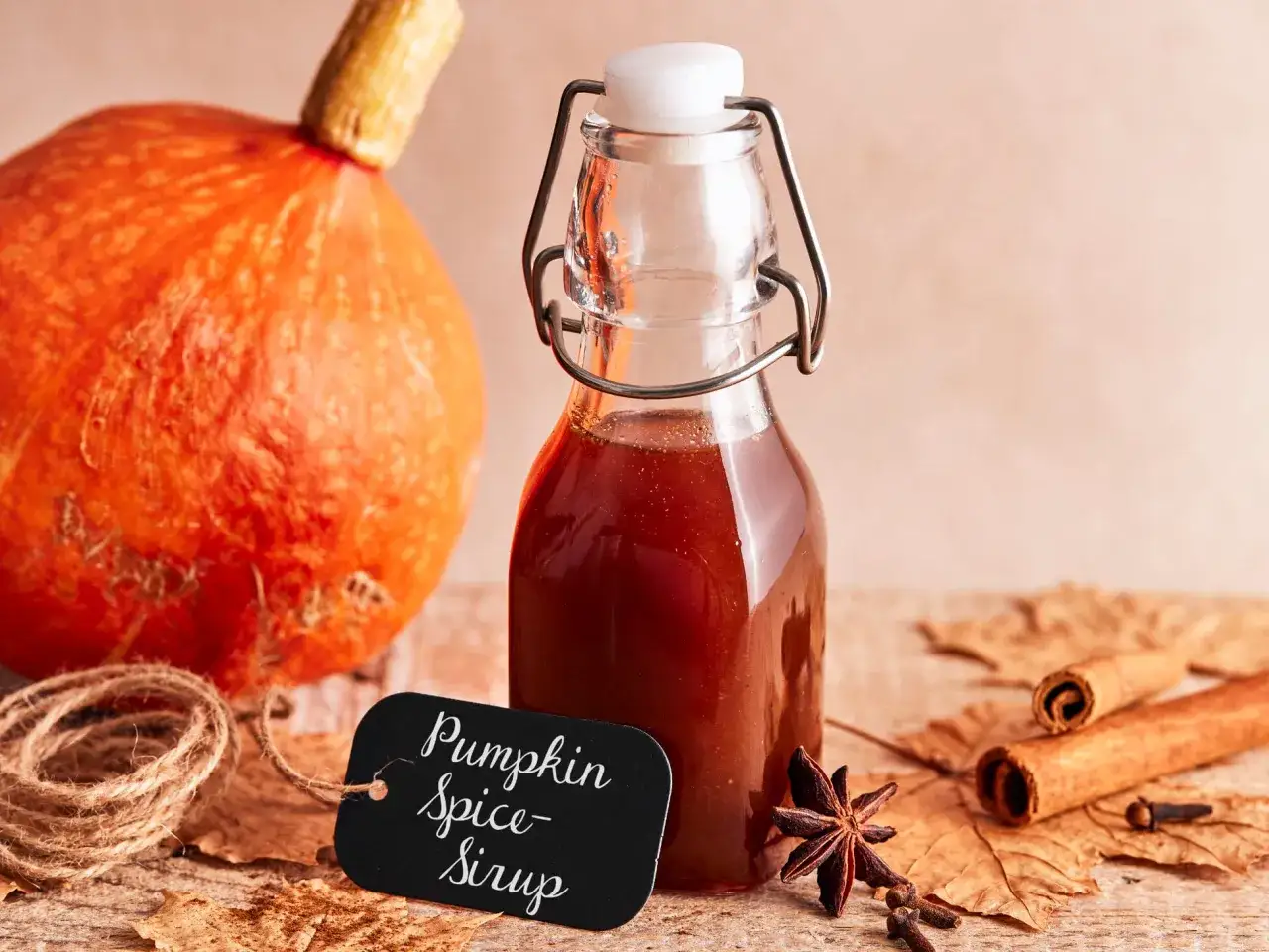 Kürbis, Zimtstangen und ein Glas mit selbstgemachtem Pumpkin Spice Sirup. Perfekt für die Herbstzeit.