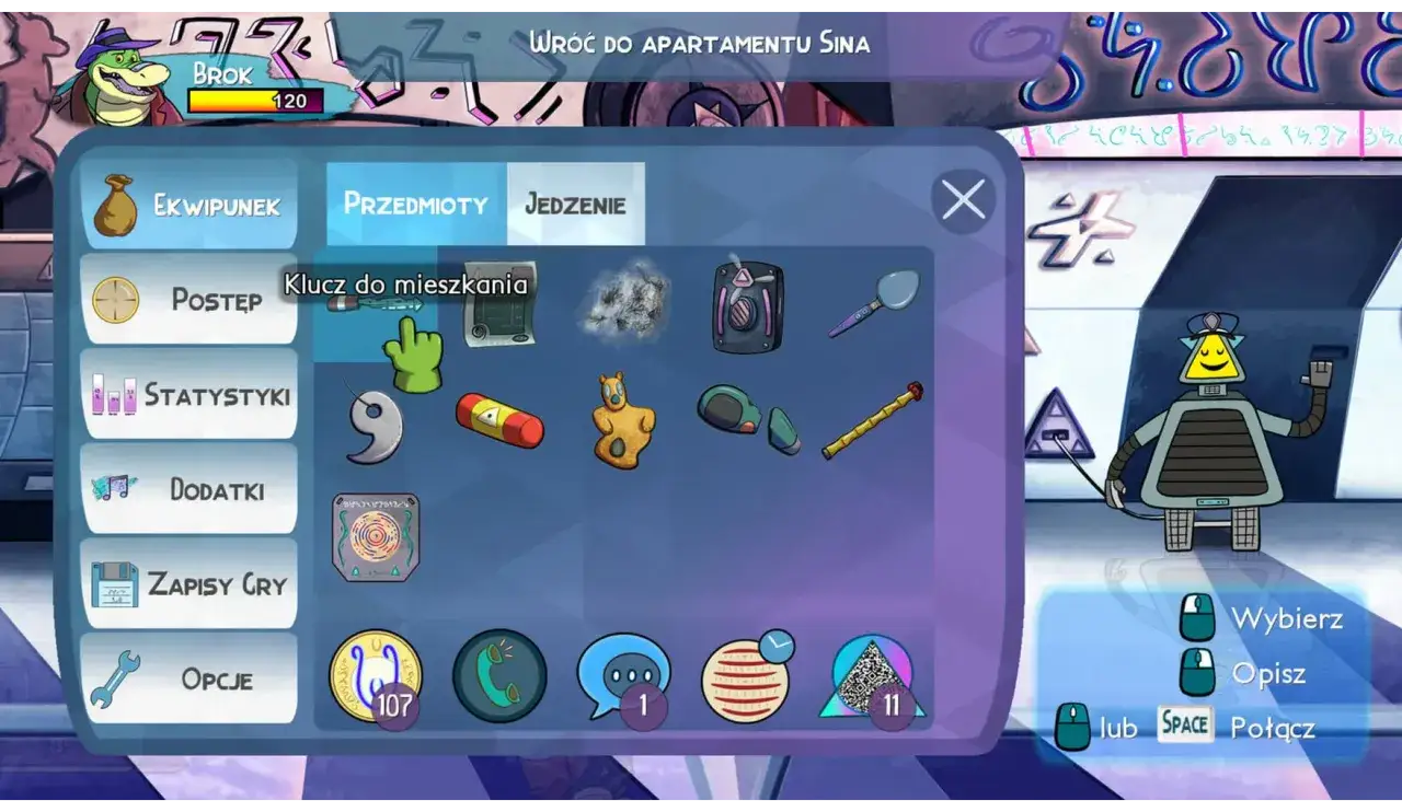 Interfejs gry z menu ekwipunku, gdzie gracz może wybrać klucz do mieszkania, używając systemu point and click.