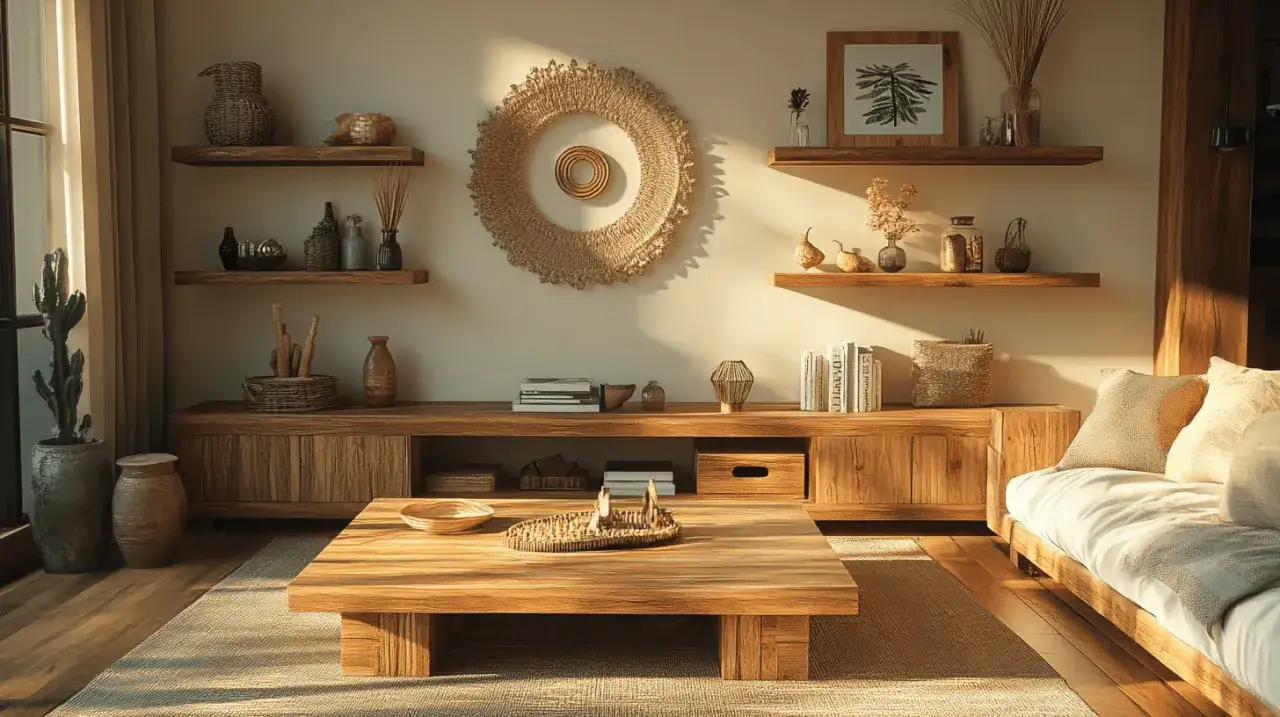 Gem&uuml;tliches Wohnzimmer mit naturbelassenen holzbrettern als Wandregale und Couchtisch. Dekoriert mit Vasen, B&uuml;chern und Pflanzen.