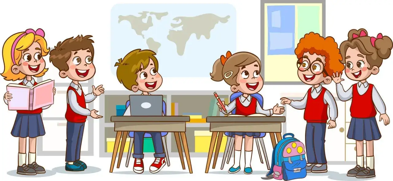 Ni&ntilde;os sonriendo en clase, algunos leyendo, otros en el ordenador. Son l&aacute;minas de expresi&oacute;n oral para aprender a comunicarse.