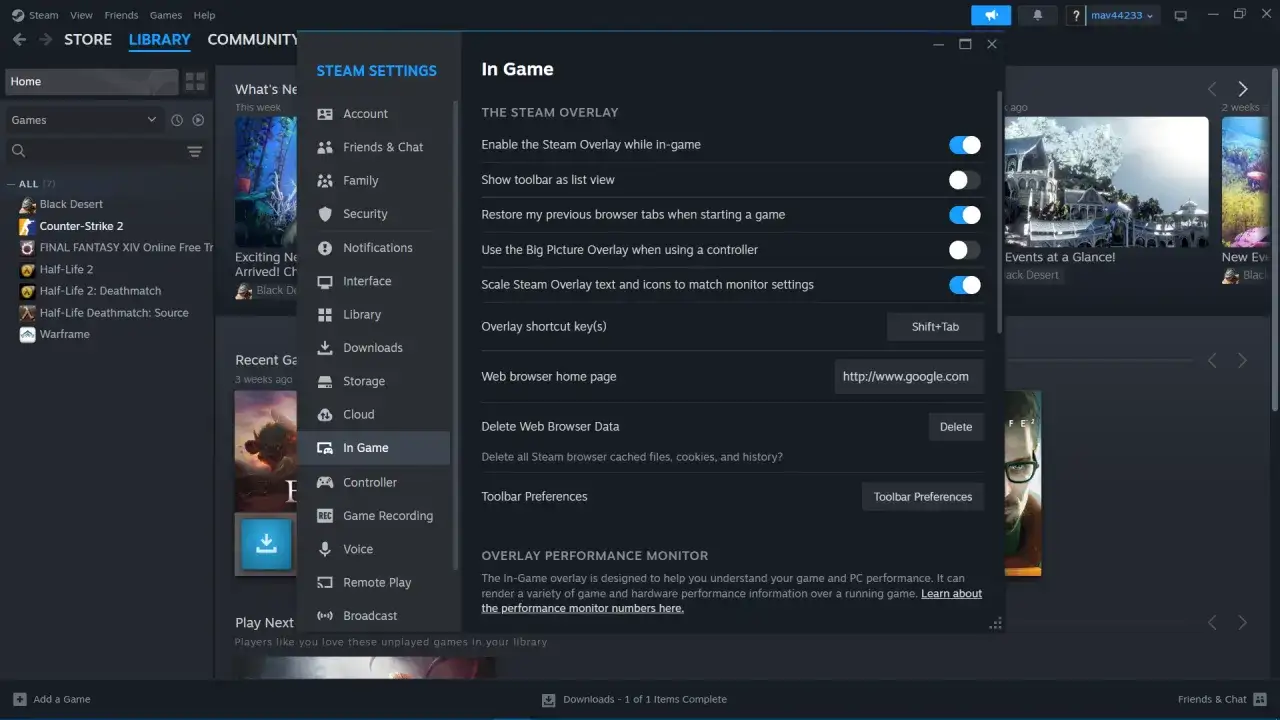 Ustawienia Steam: dostęp do społeczności Steam w grze. Włącz nakładkę Steam podczas gry, aby korzystać z funkcji społecznościowych.