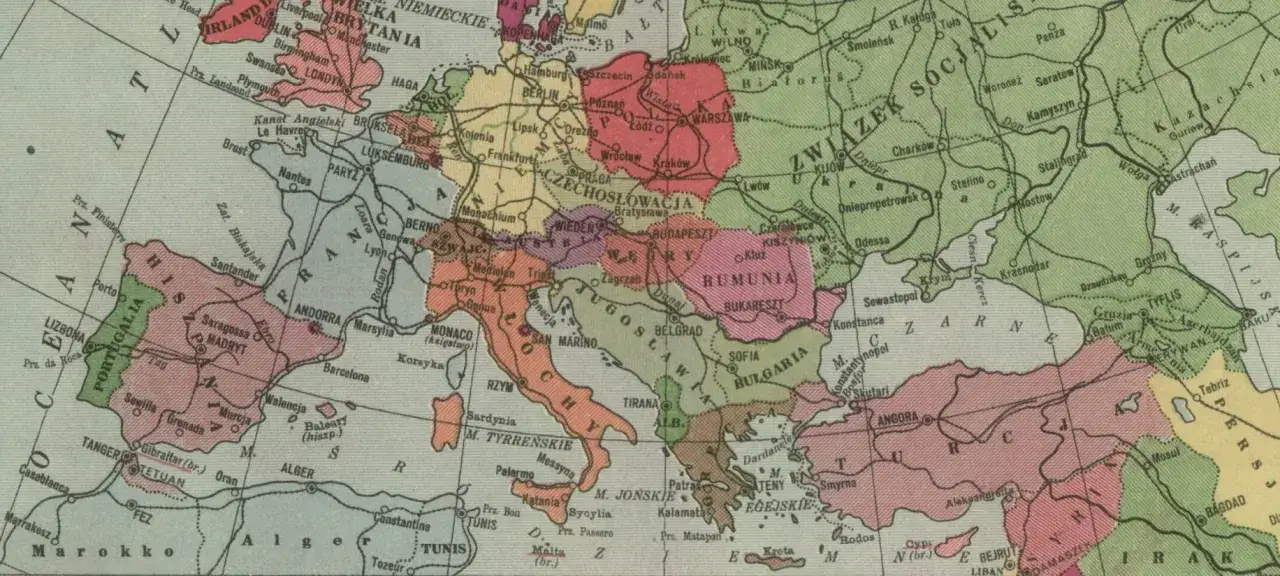 Mapa Europy z zaznaczonym układem warszawskim. Widoczne państwa to m.in. Polska, Niemcy, Czechosłowacja, Węgry, Rumunia, Jugosławia, Bułgaria, ZSRR.