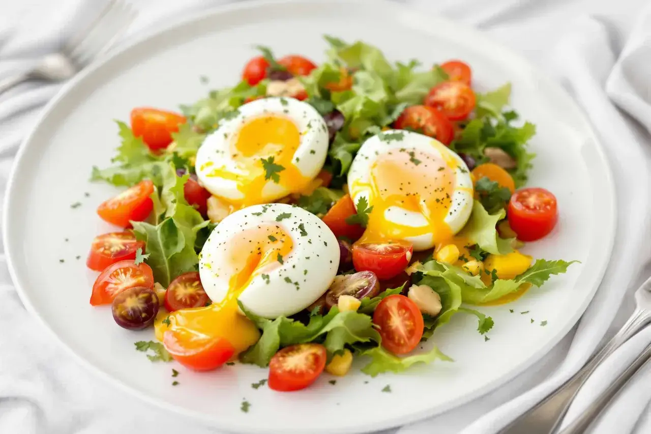 Salade colorée avec des œufs mollets coulants, tomates cerises et maïs. Une idée parfaite pour savoir avec quoi accompagner des œufs.