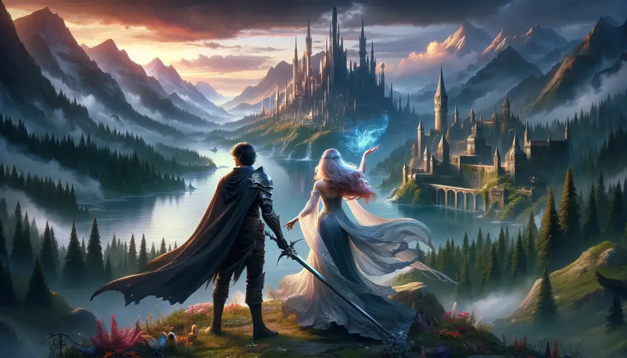 Rycerz i czarodziejka patrzą na majestatyczny zamek w dolinie. To właśnie co to znaczy fantasy: magia, przygoda i niezwykłe światy.
