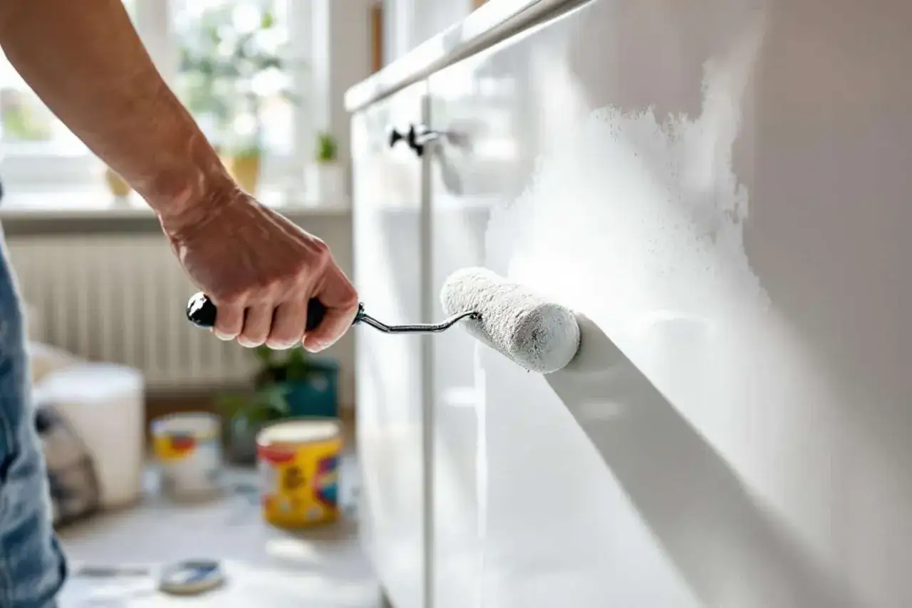 Main d'une personne peignant du mélaminé avec un rouleau. Des pots de peinture sont visibles au sol.