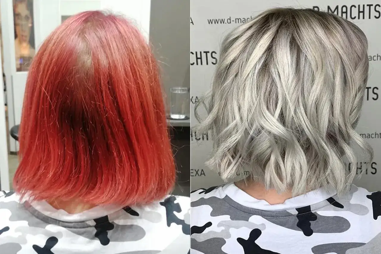 Vorher-Nachher-Vergleich: leuchtendes Rot verwandelt sich in stilvolles Blond.