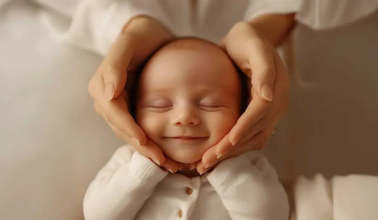 Sanft gehaltenes Babygesicht, das l&auml;chelt. Wenn mit Baby zum Osteopathen, kann dies eine gute Idee sein.