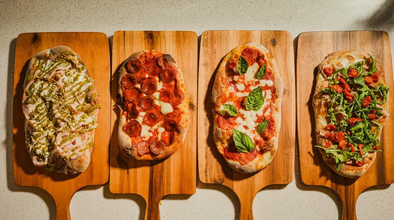 Fyra olika pinsa pizzor på träskärbrädor: en med skinka och pistage, en med pepperoni, en med mozzarella och basilika, och en med ruccola och körsbärstomater.