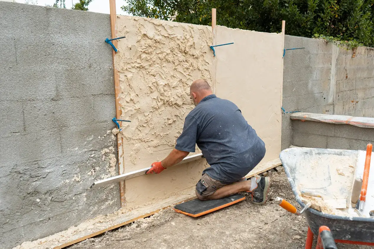 Un ouvrier applique un enduit texturé sur un mur en béton extérieur. La **peinture sur mur béton extérieur** est en cours de finition.