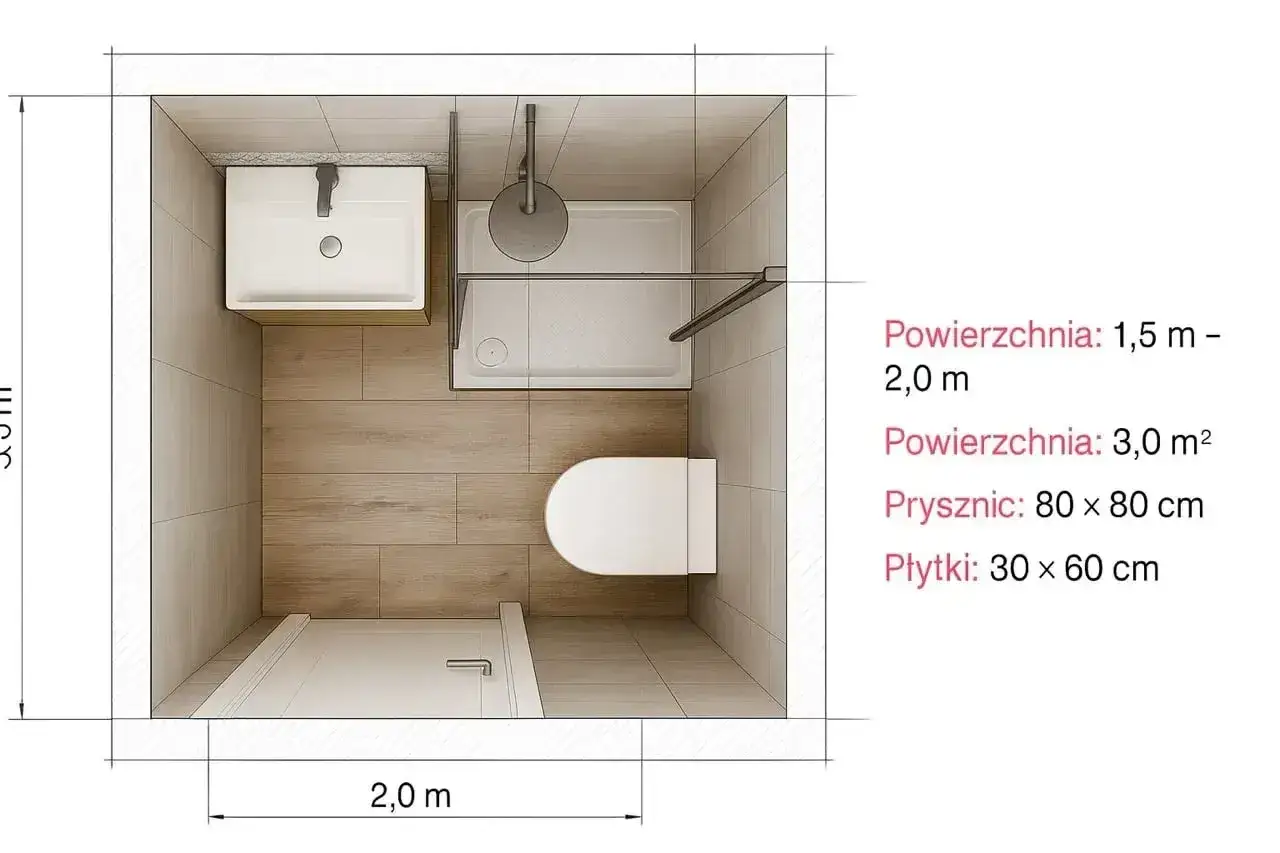Mała łazienka rzut: umywalka, WC, prysznic 80x80cm, drzwi. Wymiary 2x3,5m.