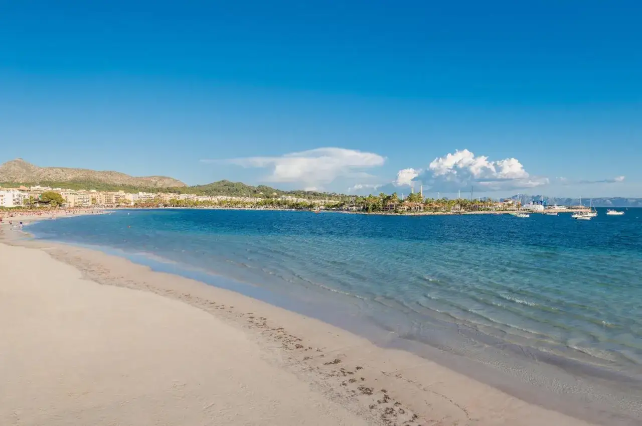 Traumhafter Strand mit Blick auf die Bucht und das Botel Alcudiamar. Boote schaukeln im türkisfarbenen Wasser.