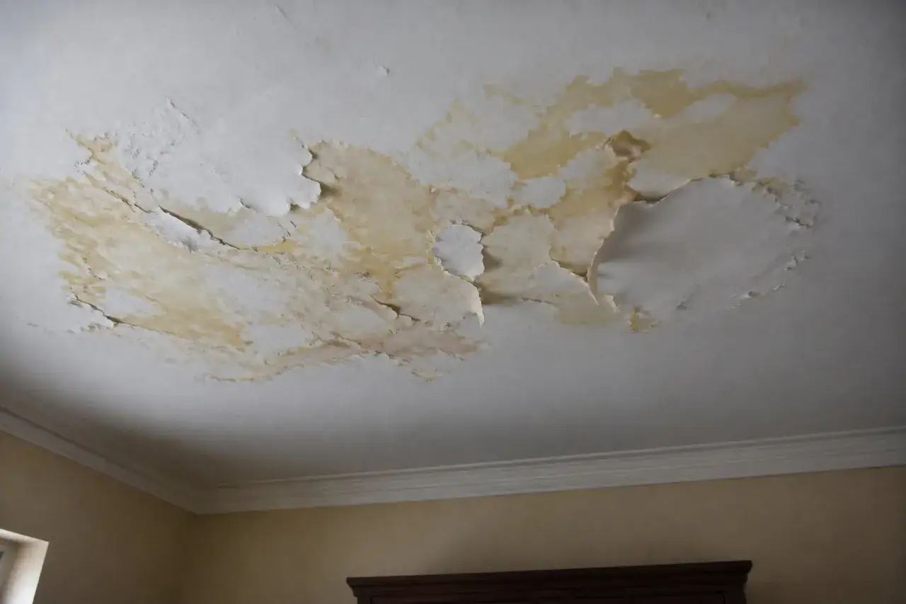 Dégât des eaux visible sur le plafond d'un appartement, avec peinture écaillée et taches jaunâtres. Une fissure inquiétante témoigne du problème.