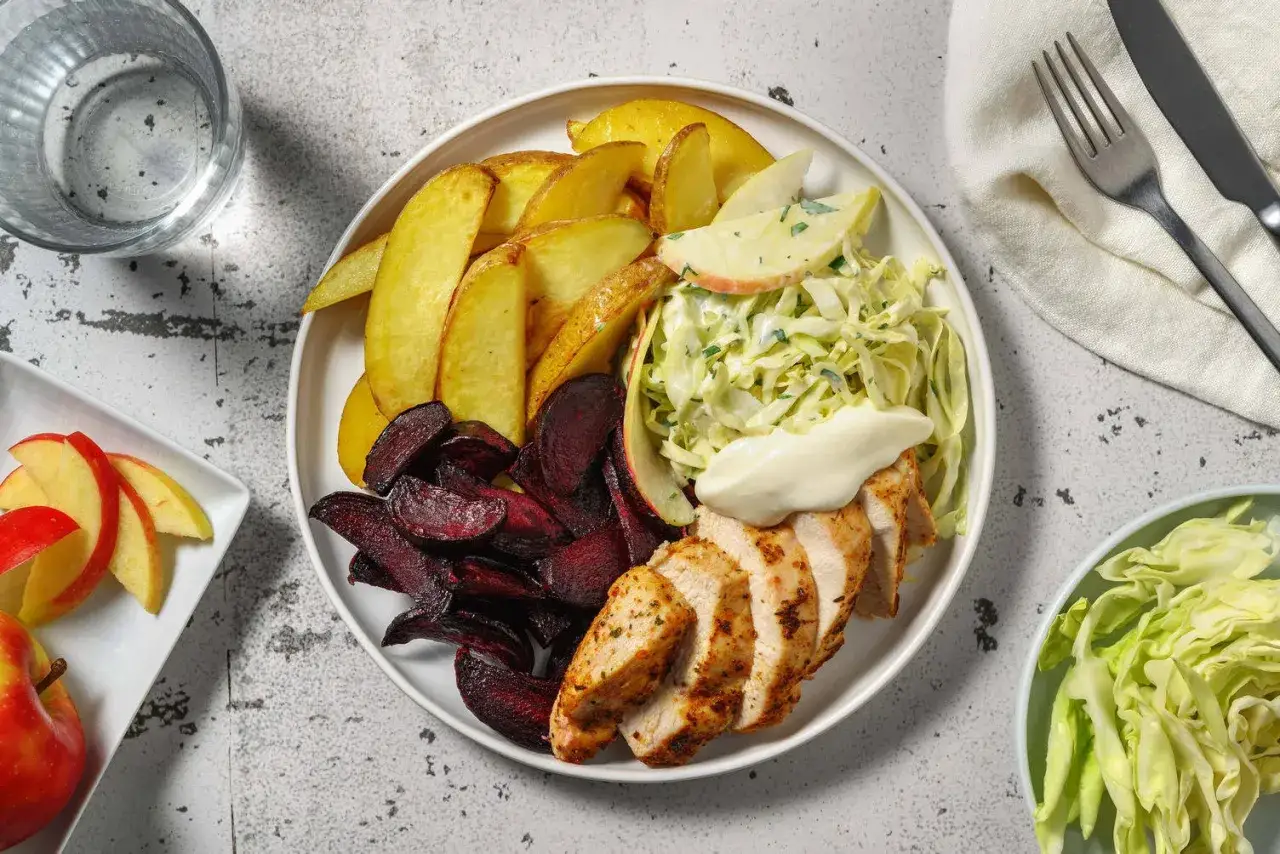 En tallrik med kyckling, ugnsrostade rotfrukter, potatis och en äppel- och kålsallad. En bra måltid för att få i sig rätt mängd protein, relevant för frågan