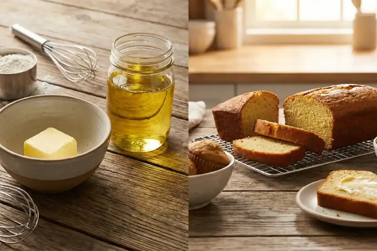 Préparation d'un gâteau avec de l'huile au lieu du beurre. Des pains dorés et des muffins sur une grille, prêts à être dégustés.