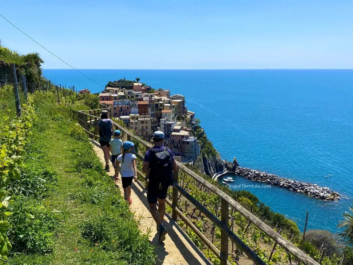 Famiglia in cammino per un trekking Liguria 2 giorni, con vista su Manarola e il mare blu.