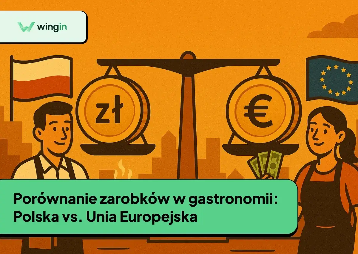 Porównanie zarobków w gastronomii: Polska vs. UE. Waga pokazuje, że w Polsce jest najniższa średnia krajowa.
