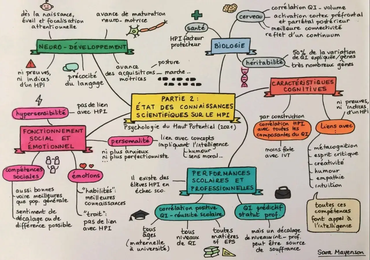 Carte mentale sur la psychologie du haut potentiel (HPI) : neuro-développement, biologie, caractéristiques cognitives, fonctionnement social et émotionnel, performances scolaires et professionnelles.