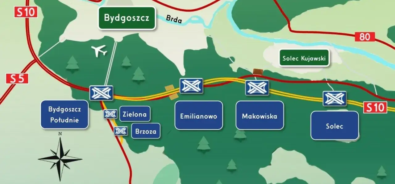 Mapa drogowa z zaznaczonymi miejscowościami: Bydgoszcz, Solec Kujawski, Zielona, Brzoza, Emilianowo, Makowiska, Solec. Widoczne drogi S5 i S10.