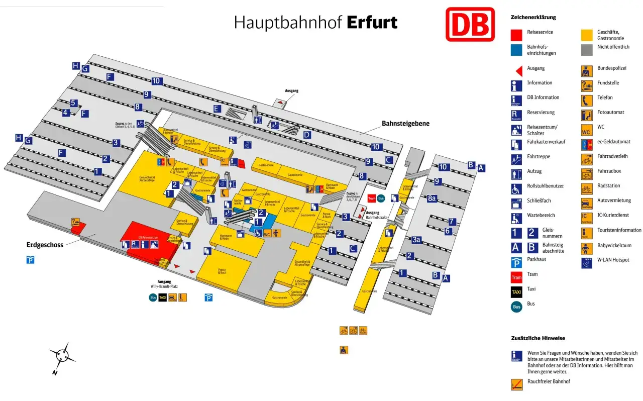 Plan des erfurter hauptbahnhofs mit Gleisen, Geschäften und Serviceangeboten.