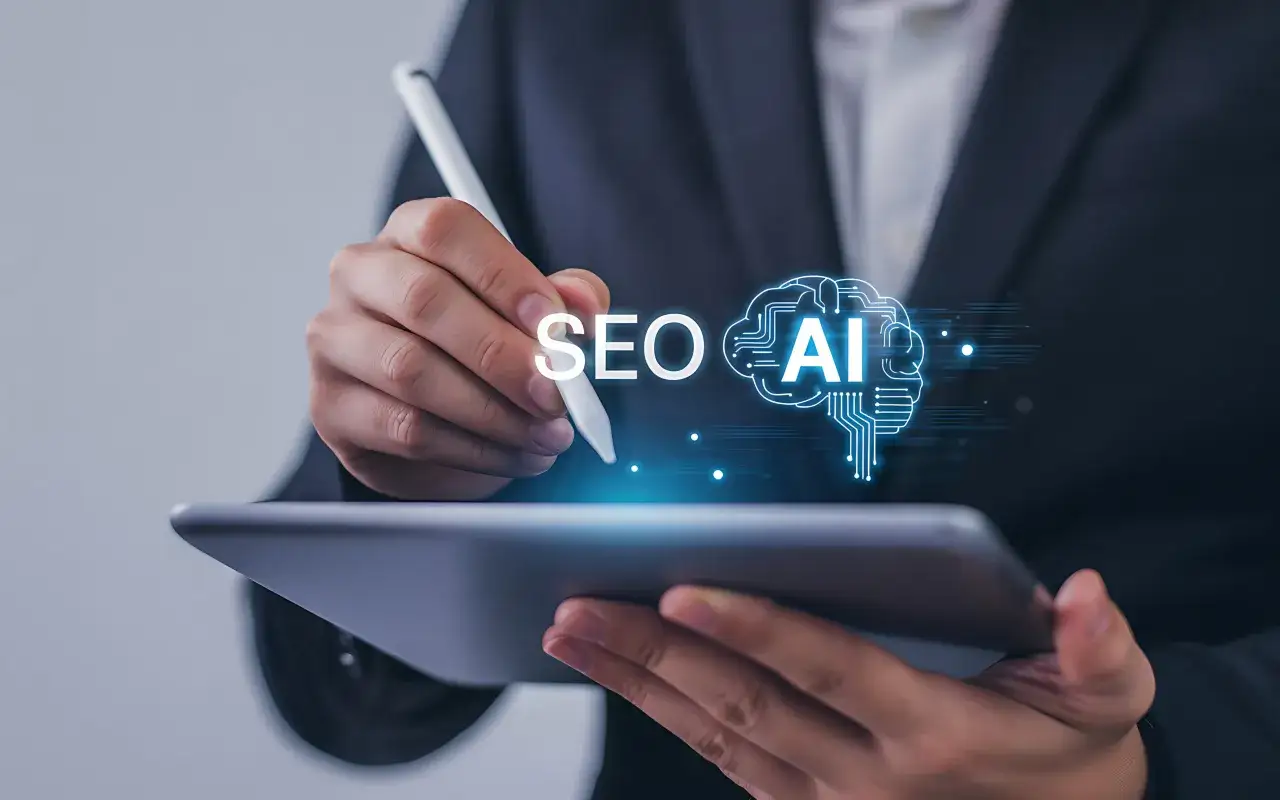 Person nutzt Tablet und Stift für die Optimierung von SEO mit KI.