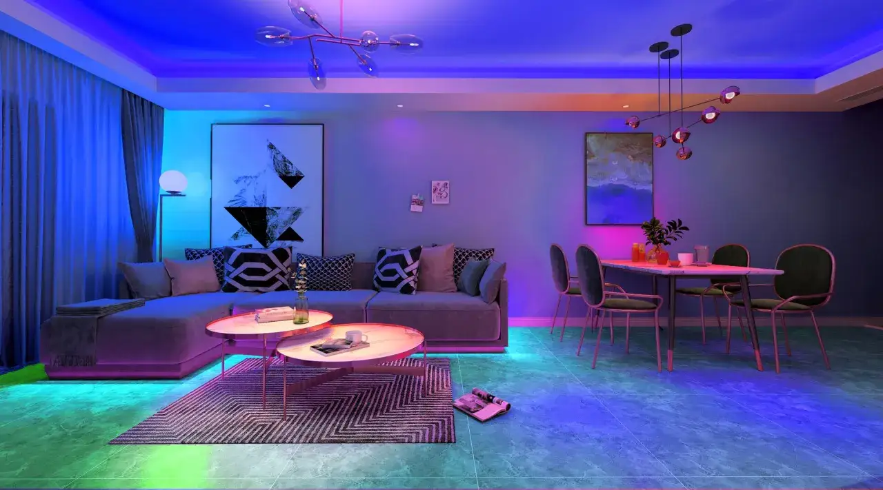 Nowoczesny salon z sofą, stolikami i jadalnią, oświetlony kolorowym światłem. Tuya automatyzacja tworzy nastrojową atmosferę.