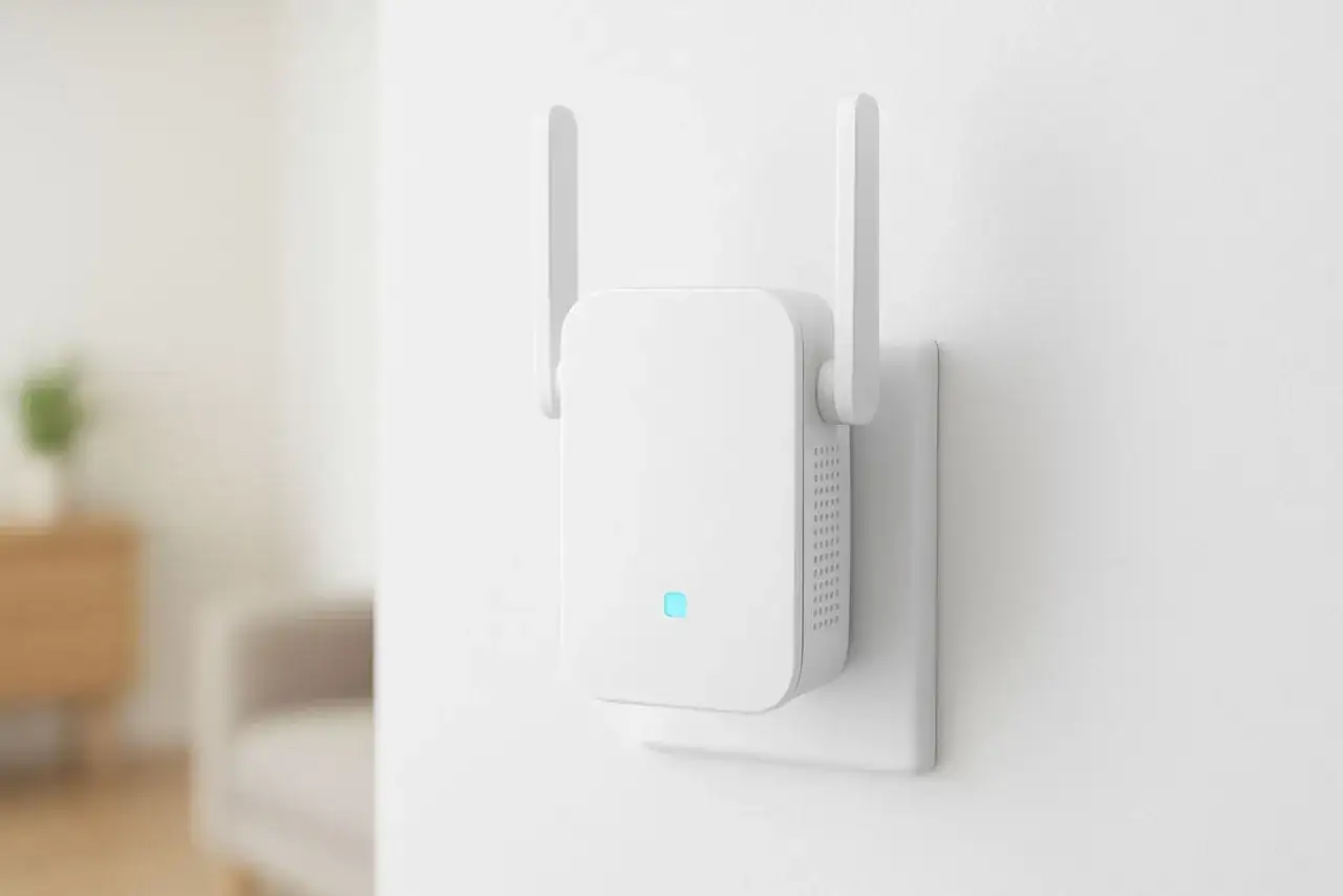 Biały wzmacniacz wifi z antenkami, podłączony do gniazdka. Idealny do poprawy zasięgu, często pojawia się w rankingach.
