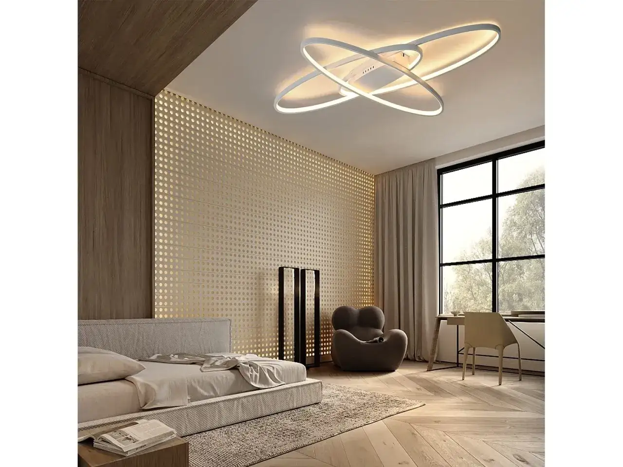 Nowoczesna lampa wisząca one led rozświetla elegancką sypialnię z ł&oacute;żkiem i fotelem.