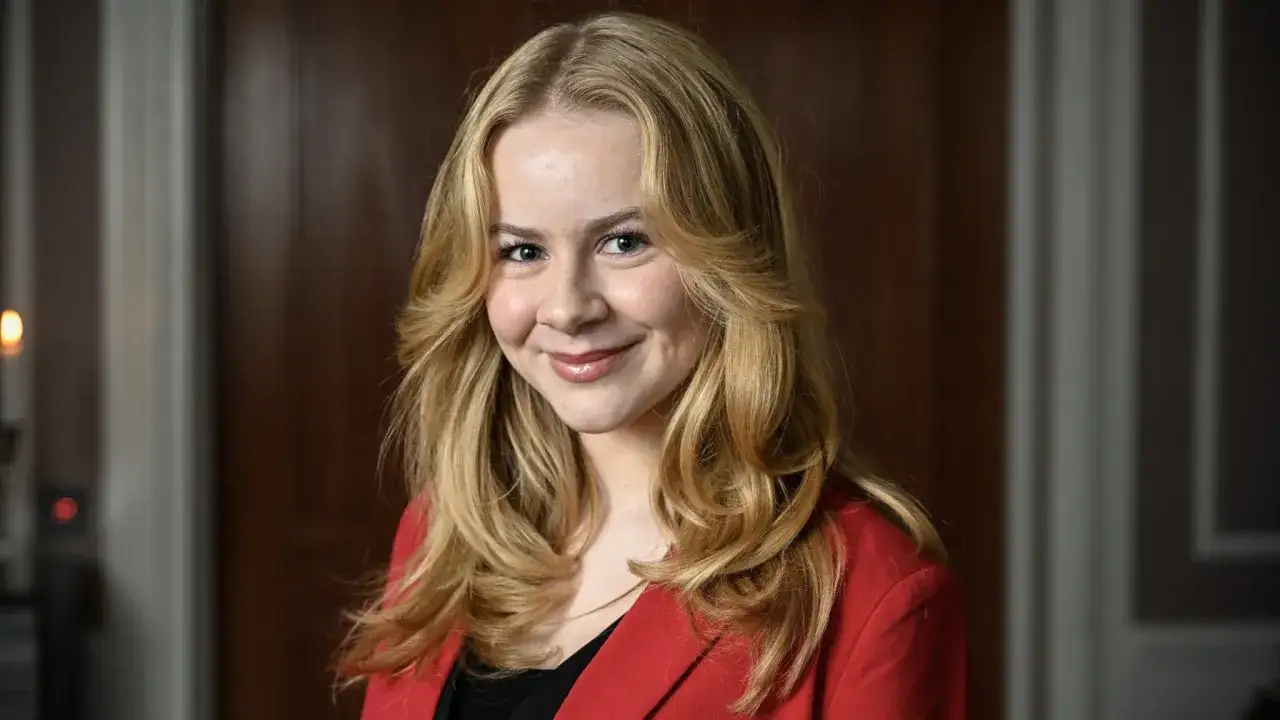 Matilda Gross ler mot kameran i en r&ouml;d kavaj.