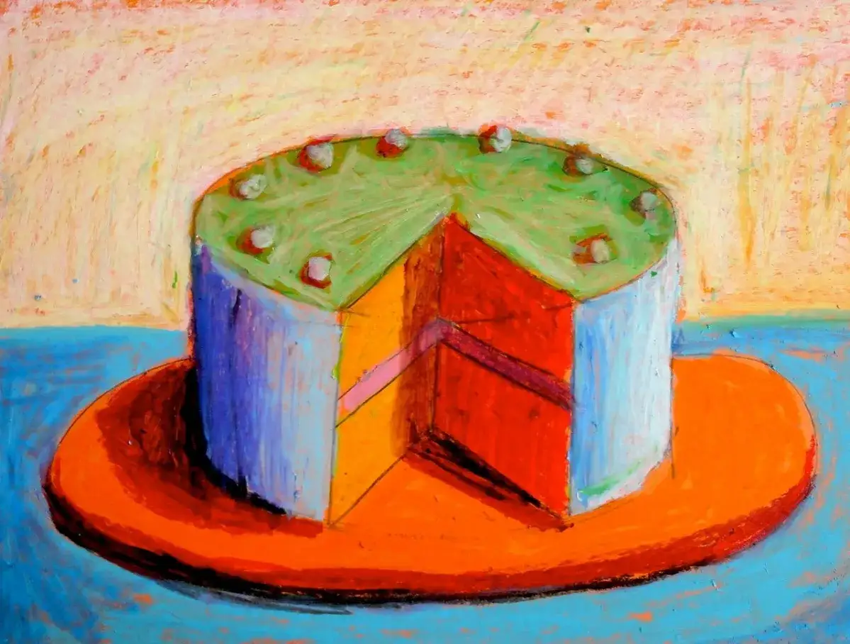 A slice is missing from this vibrant, colorful cake, reminiscent of Wayne Thiebaud cakes. The pastel artwork features a green-frosted cake with red and yellow layers.