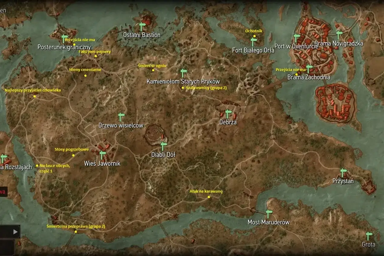 Mapa świata Wiedźmin 3: Dziki Gon, ukazująca lokacje takie jak Wieś Jawornik, Kamieniołom Starych Pryków i Port w Oxenfurcie. W tle widać zarys krainy, jakby w cieniu wiecznego ognia.