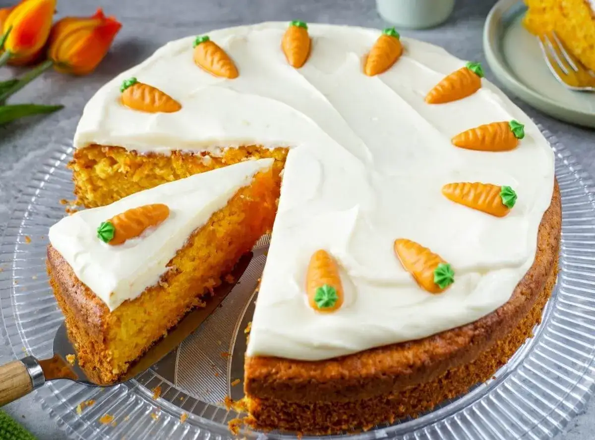 Saftiger Karottenkuchen mit cremiger Glasur und süßen Marzipan-Karotten. Ein Stück ist bereits angeschnitten.