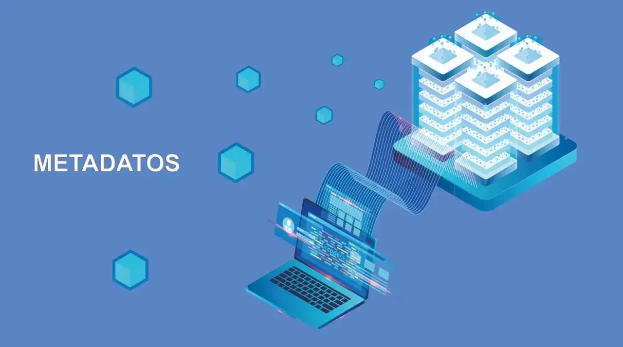 Ilustración de tipos de metadatos: un portátil muestra código y datos, fluyendo hacia una estructura de servidores apilados.