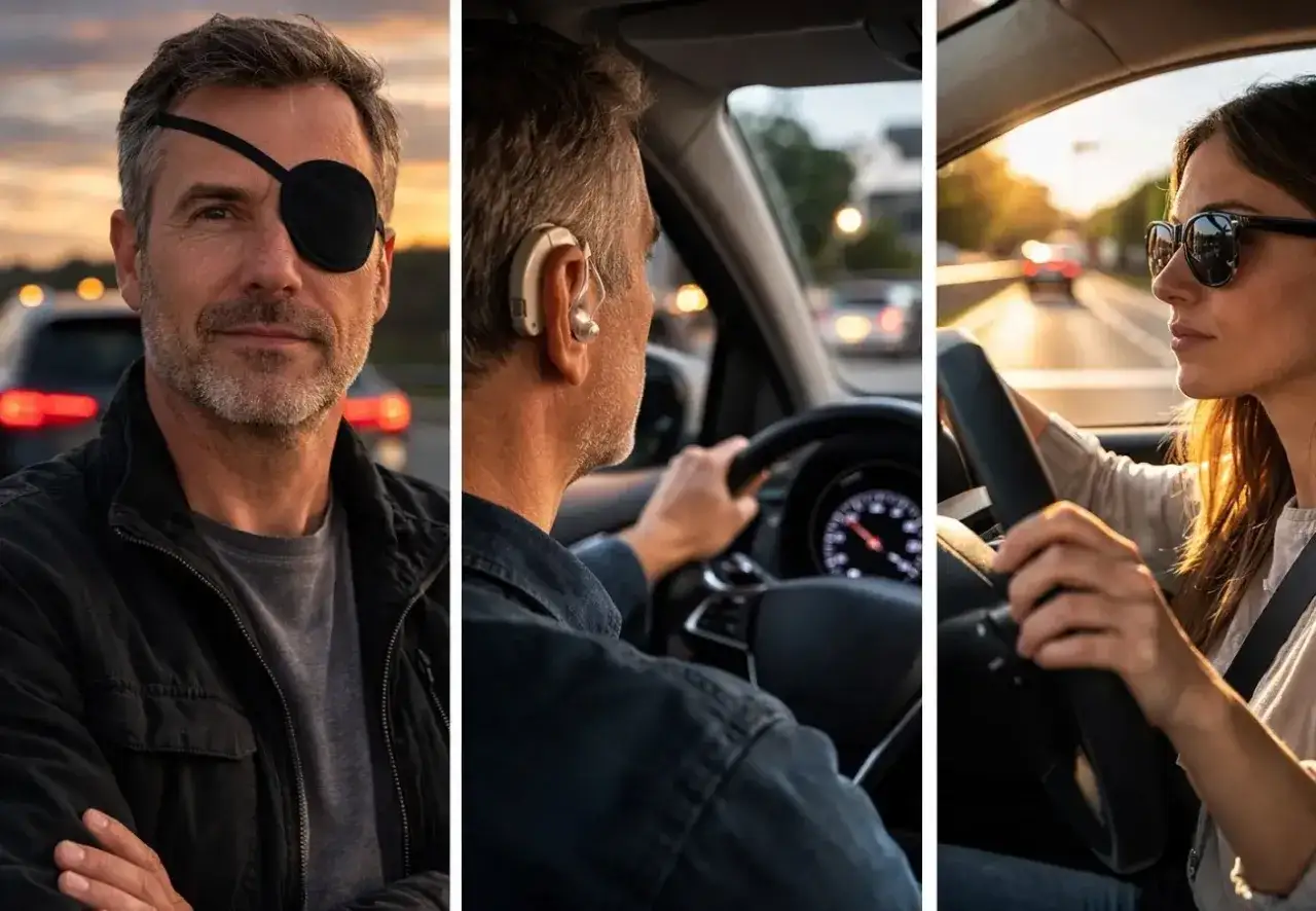 Hombre con parche en el ojo, conductor con aud&iacute;fono y mujer al volante. Todos demuestran que la **visi&oacute;n para conducir un cami&oacute;n** no se limita a la vista perfecta.