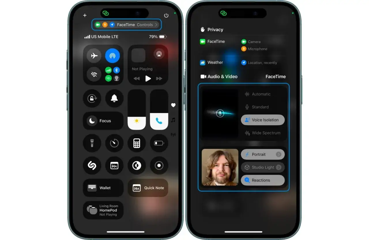 Dwa ekrany iPhone'a pokazujące ustawienia FaceTime. Po lewej centrum sterowania, po prawej menu audio i wideo z opcją izolacji głosu.