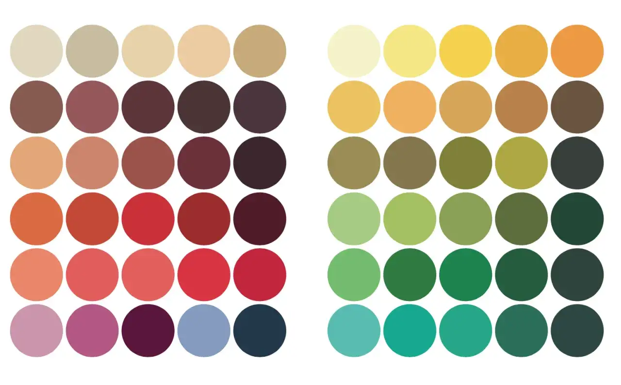 Palette di colori che evocano la **stagione autunno armocromia**: tonalità calde e terrose, dal marrone al rosso ruggine, e verdi intensi.