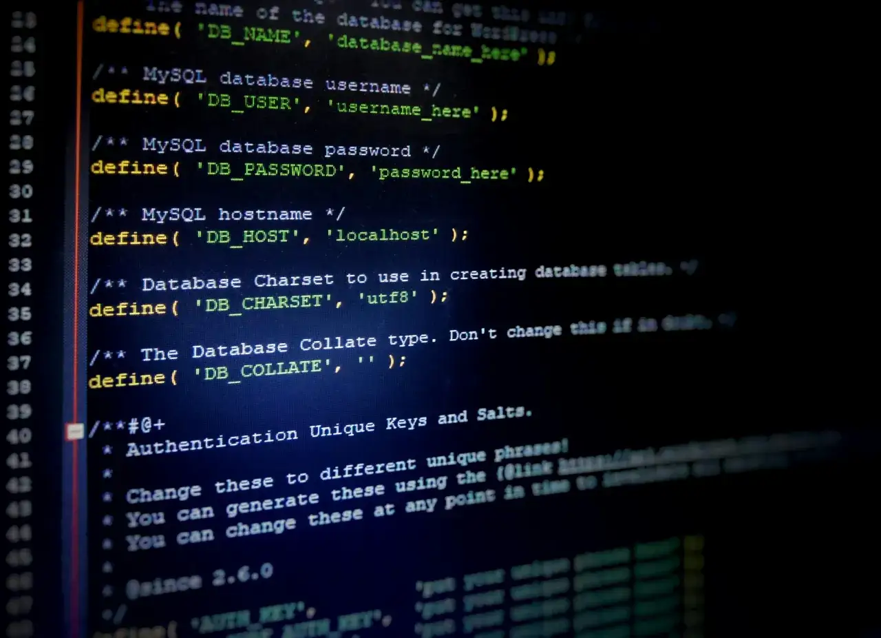 Kod PHP z definicjami połączenia z bazą danych MySQL. Widać tu m.in. nazwę bazy, użytkownika, hasło i host. To podstawa działania wielu aplikacji webowych, np. WordPressa. **SQL co to**? To język zapytań do baz danych.