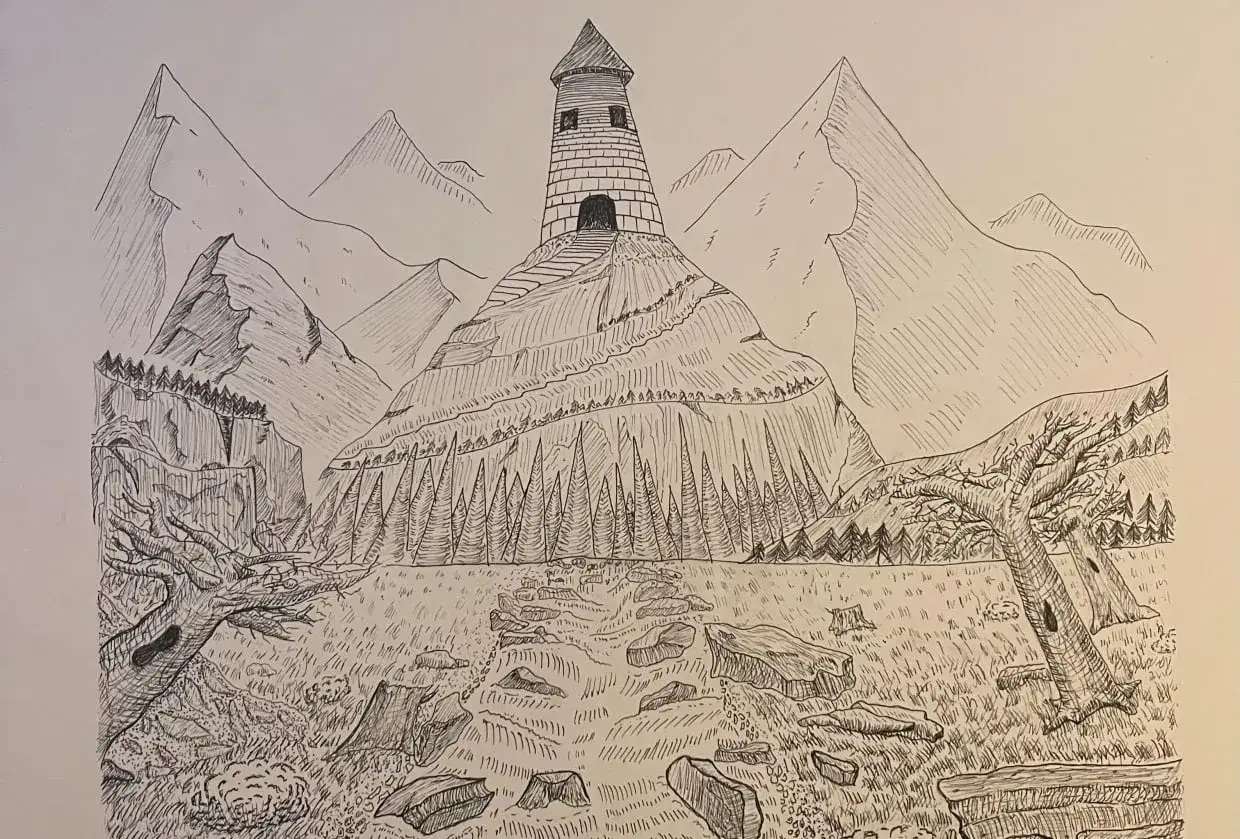 Une tour de guet en pierre se dresse au sommet d'une colline escarp&eacute;e, entour&eacute;e de montagnes imposantes. Le paysage, dessin&eacute; en perspective, &eacute;voque une aventure &eacute;pique.