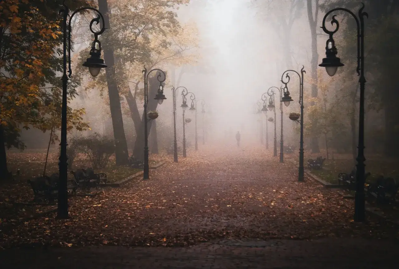 Mglisty park, aleja latarni i liści. Idealne miejsce na refleksje o końcu lata cytaty.