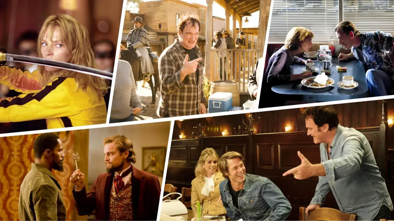 Quentin Tarantino i scener från hans filmer: Uma Thurman med svärd, en western-scen, dialog vid ett bord, och en scen med Jamie Foxx och Leonardo DiCaprio.