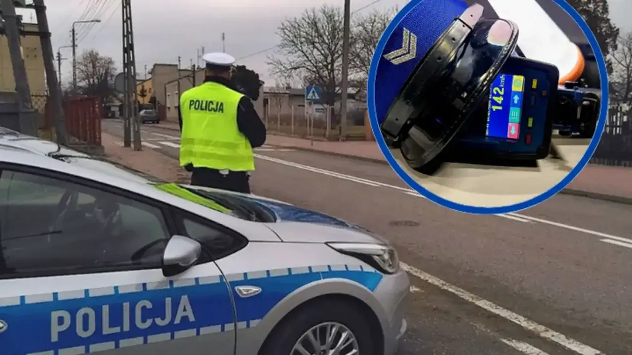Policjant z radiowozem i miernikiem prędkości. Przekroczenie prędkości 142 km/h to pewne wymuszenie pierwszeństwa mandat.
