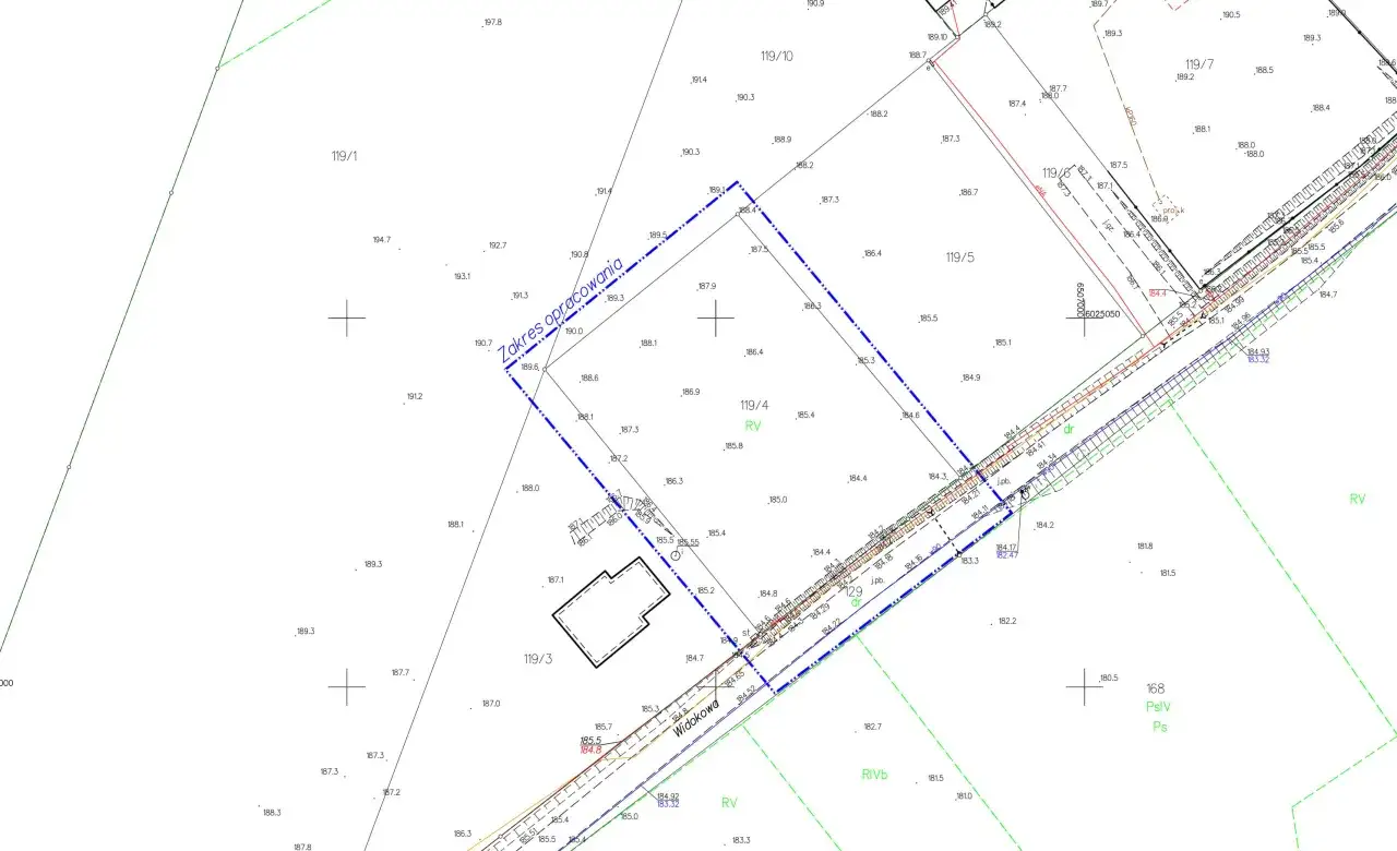 Mapa geodezyjna z zaznaczonym zakresem opracowania. Zastanawiasz się, ile kosztuje geodeta? Ceny mogą się różnić w zależności od zakresu prac.