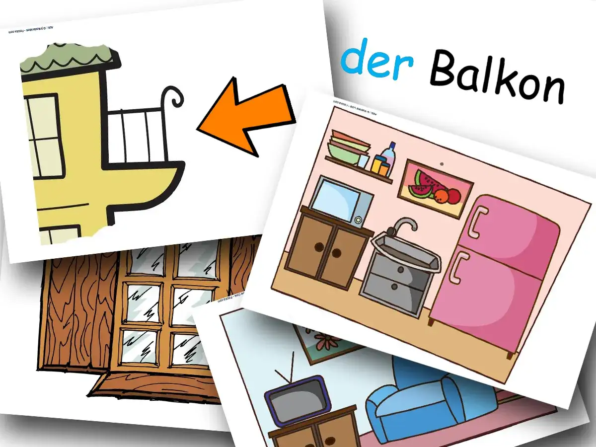 Ein gelbes Haus mit einem Balkon, daneben steht 