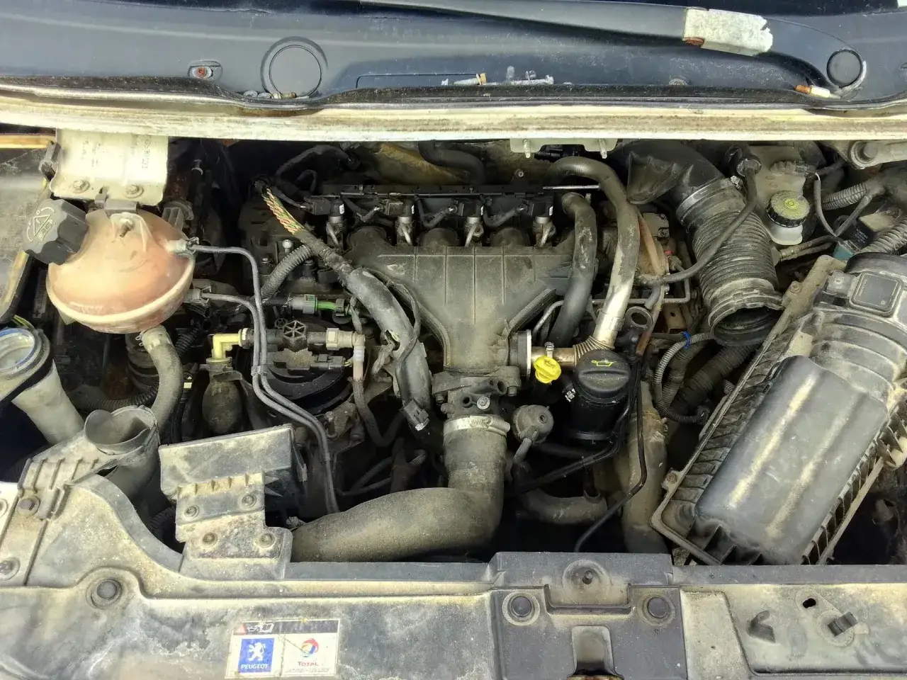 Silnik Peugeot Expert 2.0 HDI, widok z góry. Widać turbosprężarkę, wtryskiwacze i inne elementy układu.