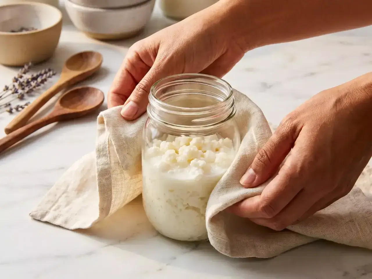 H&auml;nde halten ein Glas mit Kefir-Kulturen, bereit, Kefir selber zu machen. Holz-L&ouml;ffel und Lavendel liegen daneben.
