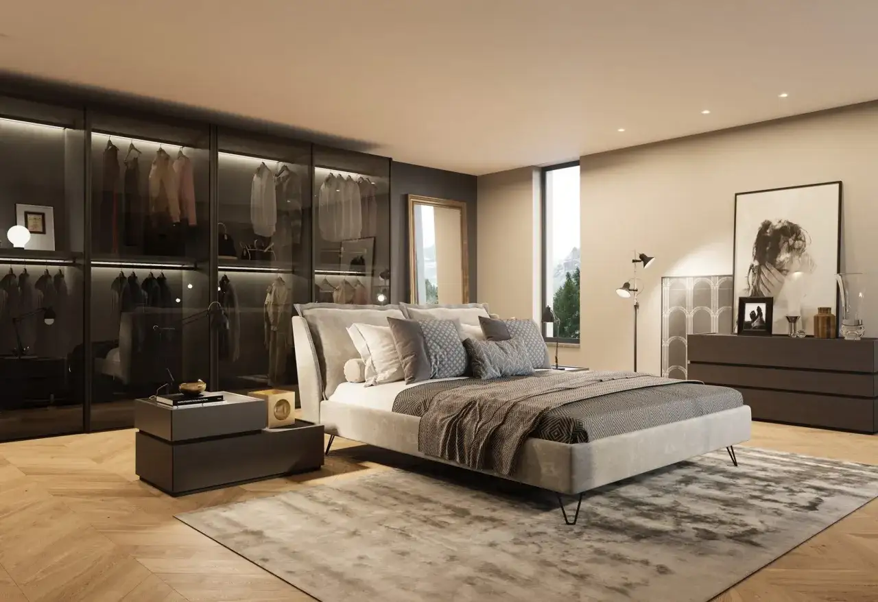 Camera da letto moderna con cabina armadio a vista e letto king-size. Idee originali per un ambiente di lusso.
